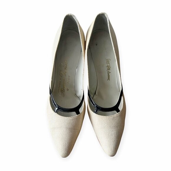 Vintage Roger Vivier Ecru Fabric Pumps with Black Patent‎ Trim, Size 6.5B - Picture 3 of 16
